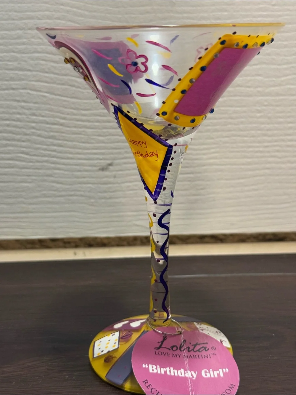 Lolita Hand-Painted Birthday Martini Glass in Pink, Yellow & Purple